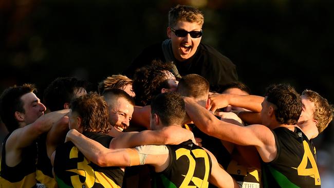 The Dromana Tigers celebrate winning the 2023 MPFNL Division One seniors grand final. The team faces Red Hill on Friday. Photo by Josh Chadwick
