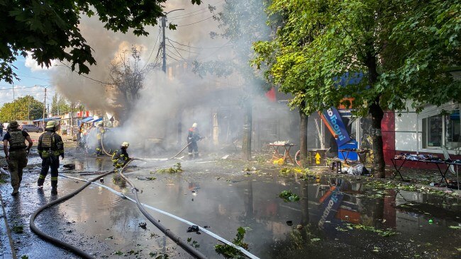 Firefighters put out the flames following the blast. It is feared the death toll could rise further. Picture: Andriy Reznikov/Suspilne Ukraine/JSC "UA:PBC"/Global Images Ukraine via Getty