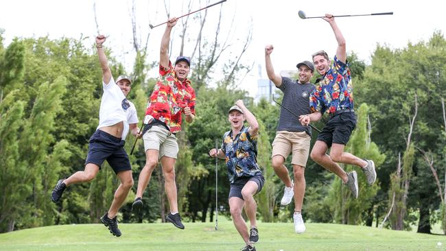 Marek, 20, Regan, 20, Jake, 22, Alex, 20 and Tom, 21 celebrate. Picture: TIM CARRAFA