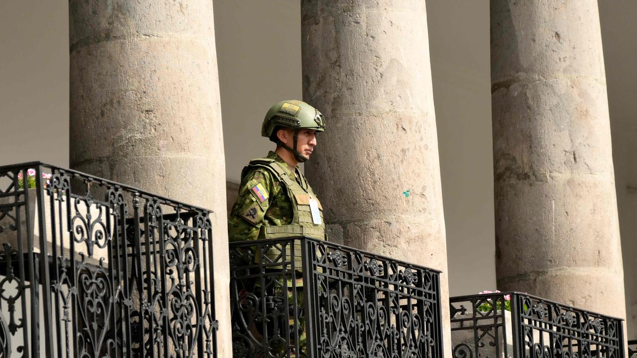 An Ecuadorean soldier stands guard at Carondelet Palace in Quito on January 10, 2024. Picture: AFP