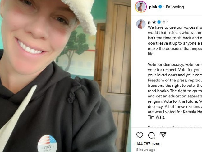 Pink urges all Americans to vote for Kamala Harris. Picture: Instagram