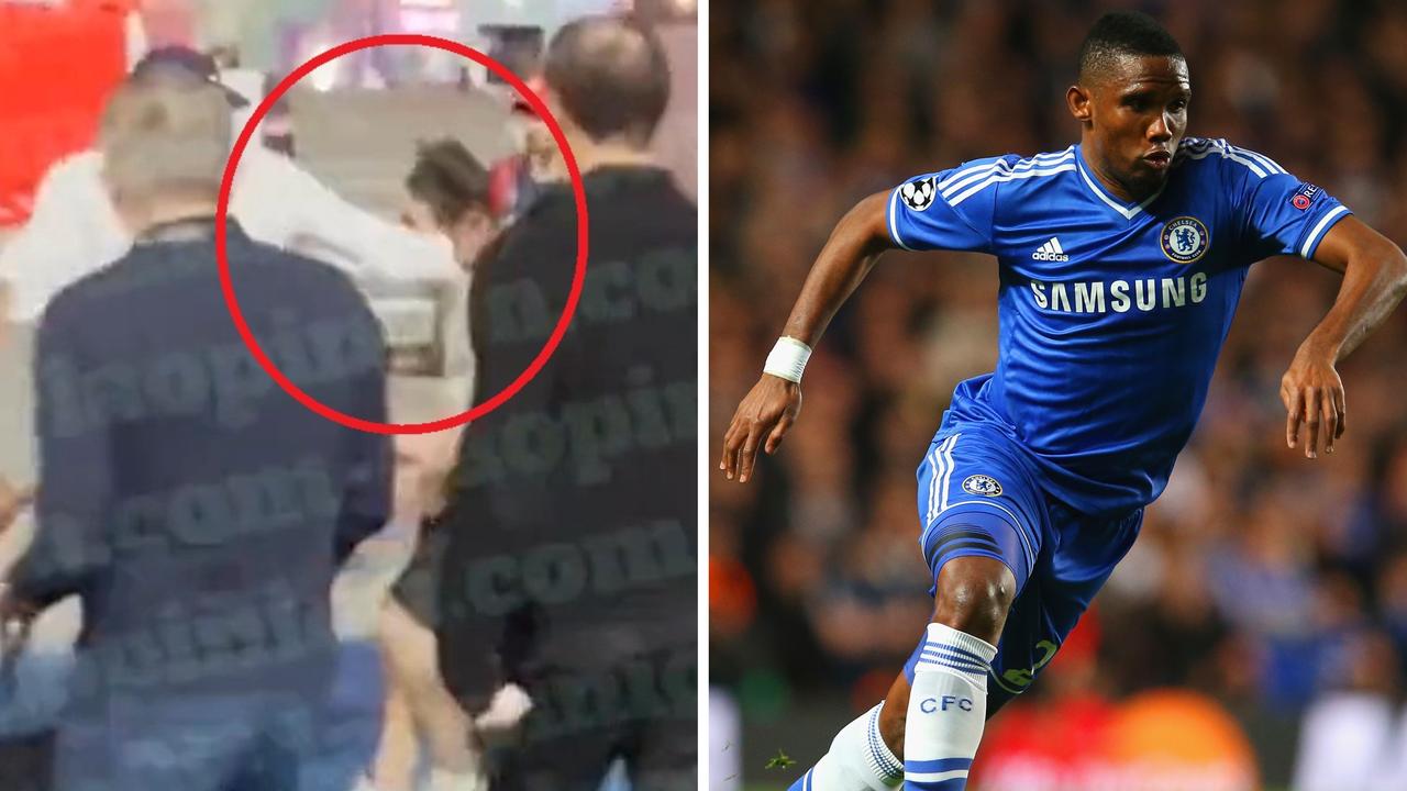 Samuel Eto'o, pictured right playing for Chelsea in 2014, appears to kick a man in the head in a video filmed outside a World Cup match.