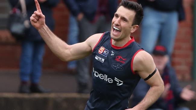 Norwood’s Matt Panos celebrates a goal against South Adelaide at The Parade. Picture: David Mariuz/SANFL