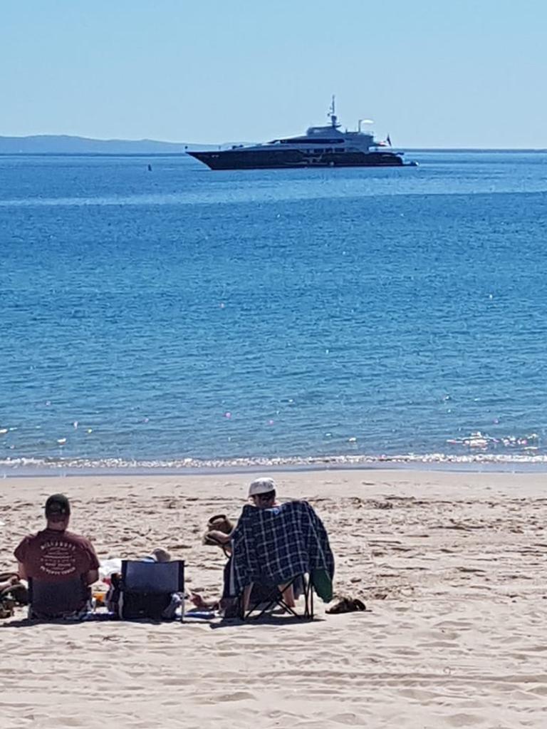 The super yacht cruises off Noosa on Monday morning.