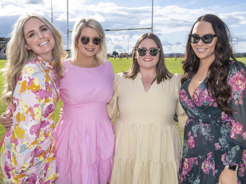 (from left) Constance Bailey, Meghann Olsen, Monique Hannemann and Amy Pearce. Rangers Ladies Day at Gold Park. Saturday, May 28, 2022. Picture: Nev Madsen.