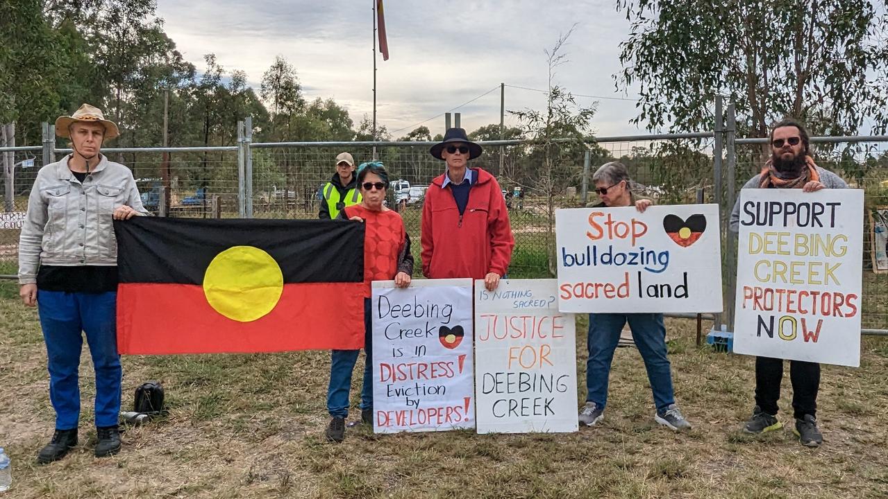 Protesters outside a Deebing Heights site after its First Nations occupants were evicted this morning, May 2. Picture: Nicola McNamara