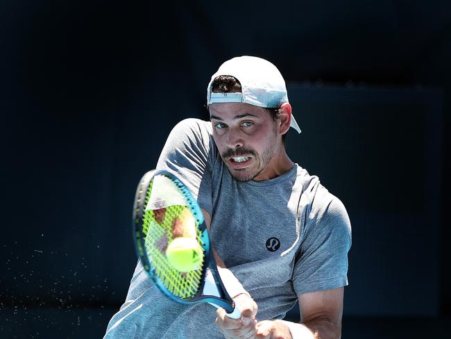 ADELAIDE, AUSTRALIA - JANUARY 09: Alex Bolt of Australia plays a background during their match against Thiago Seyboth Wild of Brazil  in the 2024 Adelaide International at Memorial Drive on January 09, 2024 in Adelaide, Australia. (Photo by Sarah Reed/Getty Images)