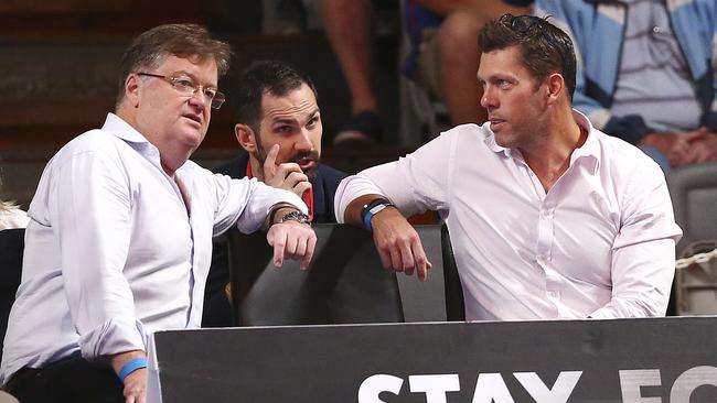 Adelaide 36ers owner Grand Kelley, left, and Crows CEO Andrew Fagan. Picture SARAH REED