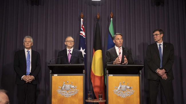 Anthony Albanese and Richard Marles with Angus Houston and Stephen Smith at a press conference, relating to major defence overhauls, in Canberra. Picture: NCA NewsWire / Gary Ramage