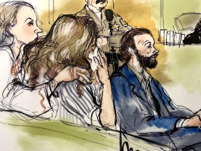 Court sketches show Bijou Phillips sobbing into a handkerchief as her husband, Danny Masterson, was sentenced to 30 years jail. Picture: BACKGRID