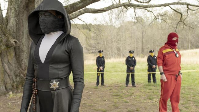 Regina King as Angela Abar, masked in her role as a police detective in the TV series Watchmen. Picture: Supplied/Foxtel