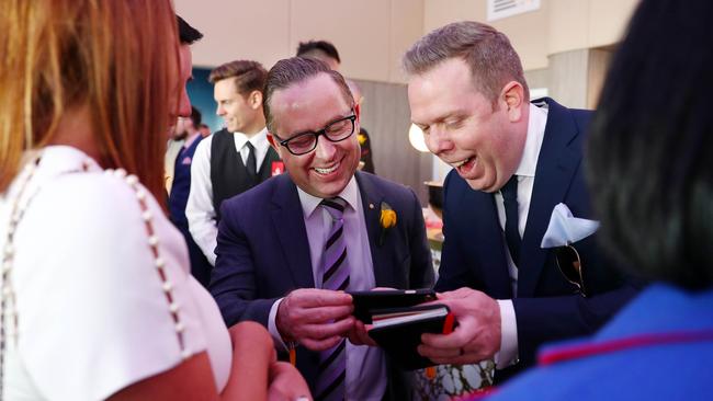 Qantas CEO Alan Joyce with Paul Howes in the Emirates marquee. Picture: Aaron Francis.