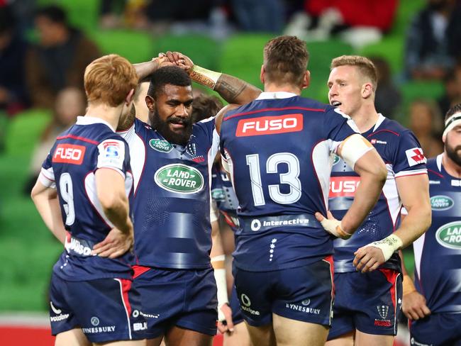 MELBOURNE, AUSTRALIA - JULY 14:  Marika Koroibete and the Rebels look dejected after conceeding a try during the round 17 Super Rugby match between the Melbourne Rebels and the Jaguares at AAMI Park on July 14, 2017 in Melbourne, Australia.  (Photo by Scott Barbour/Getty Images)