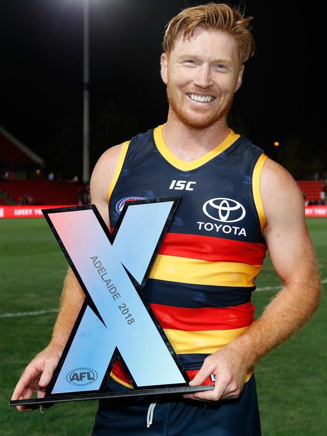 Kyle Cheney with the AFLX trophy after the Crows won the inaugural tournament. Picture: Michael Willson/AFL Media/Getty Images