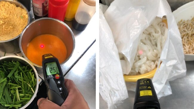 Raw egg mixture (left) and rice noodles (right) were found out of temperature control.