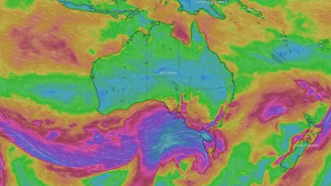 A cold front is bringing wild winds across the south and south east this weekend. Picture: Windy.