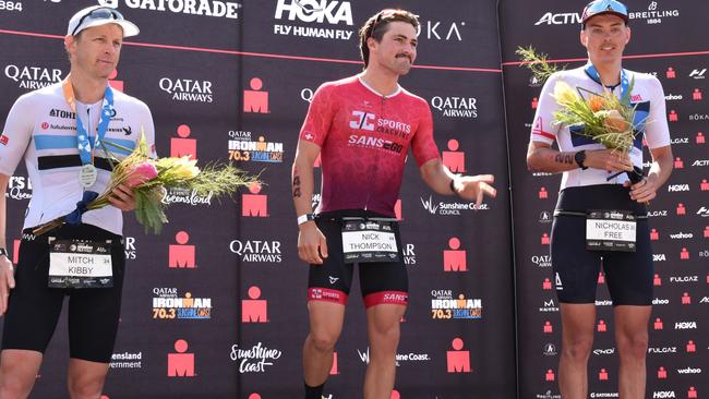 Podium winners: (L-R) Mitch Kibby, Nick Thompson and Nicholas Free at Sunshine Coast Ironman 70.3 2023.