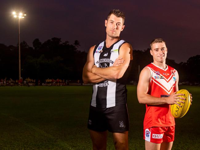 Palmerston’s Matt Dennis and Waratah’s James Edmonds cannot wait to play under lights at Gardens Oval for the first time in the NTFL 2020-21 season opener tonight. The game will be livestreamed on ntnews.com.au. Picture: Che Chorley