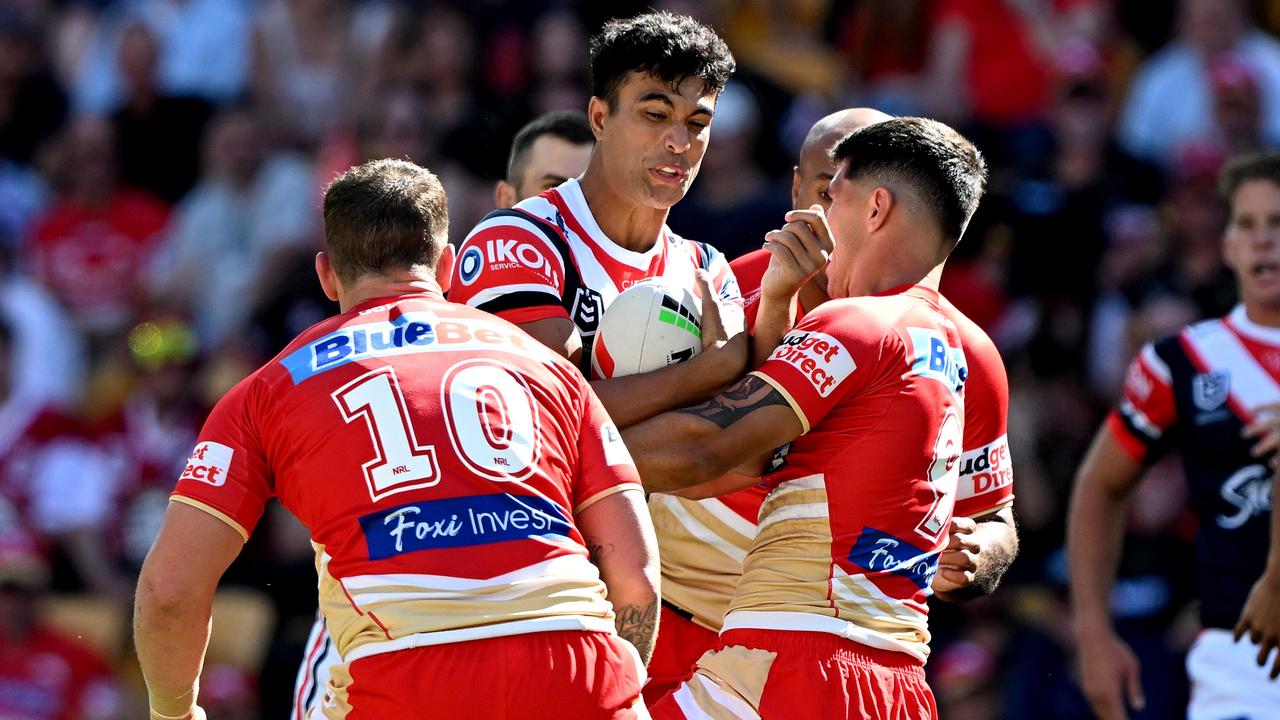 Joseph Suaalii and the Roosters ran into a brick wall against the Dolphins. Photo by Bradley Kanaris/Getty Images.