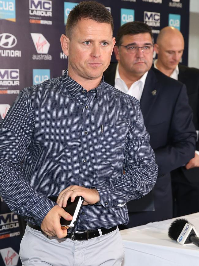 Brendon Bolton with Carlton president Mark LoGiudice and CEO Caid Liddle after press conference announcing Bolton’s axing. Picture: Michael Klein.