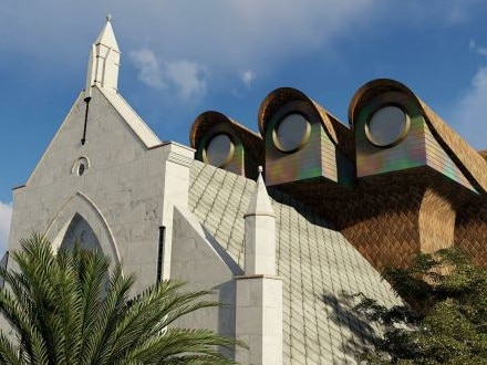 Artist's impression: Restored church with new 30-room boarding house building at the back.