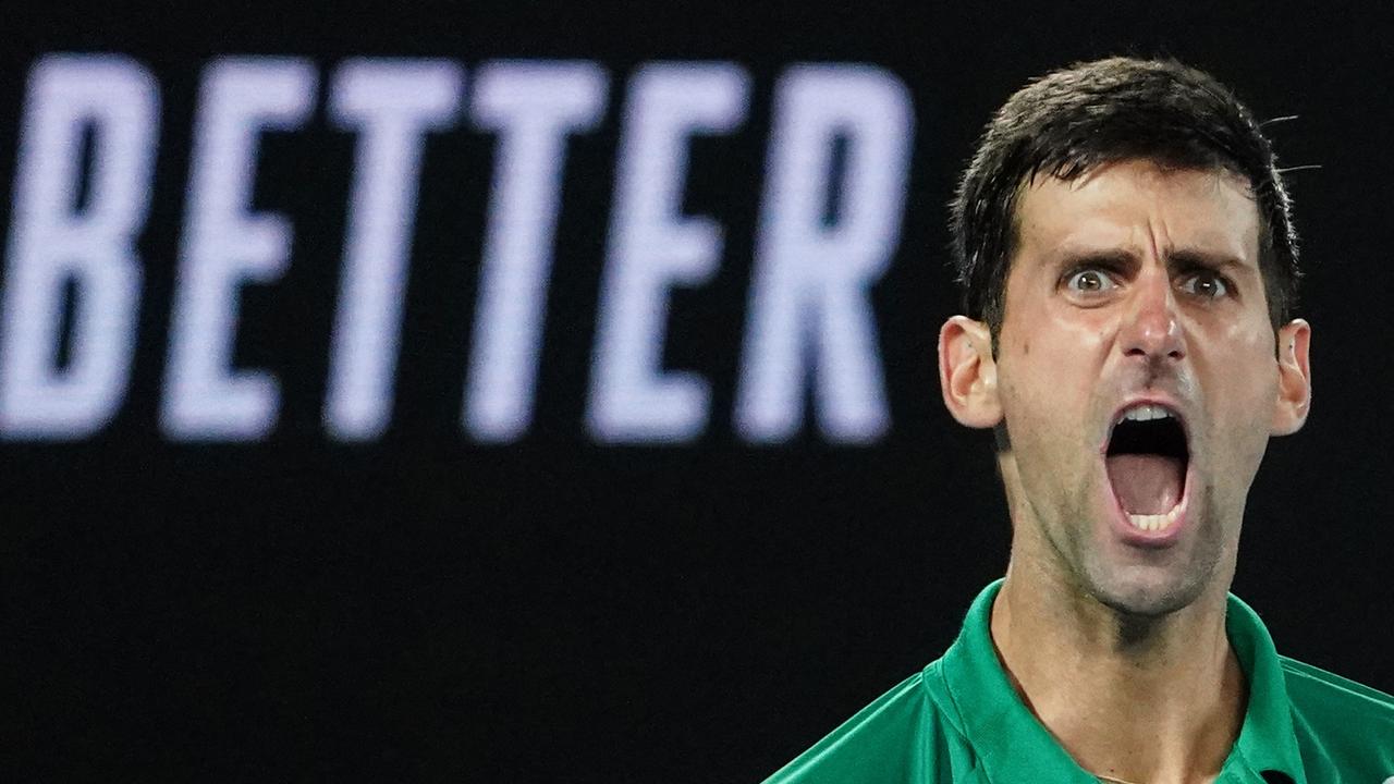 Novak Djokovic yells during the Australian Open final against Dominic Thiem.