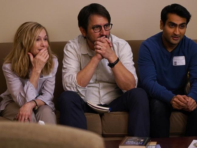Holly Hunter, seen here in Ray Romano and Kumail Nanjiani, is favourite to win Best Supporting Actress for her role in The Big Sick. Picture: Supplied