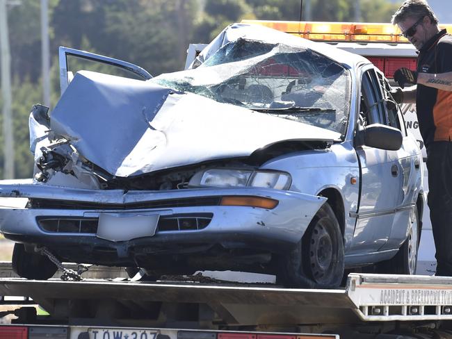 Car versus truck outside the Mount Moriac Hotel on the Princes Highway, Moriac. A woman in her 50s was flown to the Alfred Hospital in Melbourne after a collision with a truck and then a light pole. Picture: Alan Barber