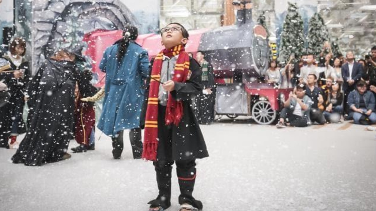 There’s the Hogwarts Express at the recreated Hogsmeade Village.