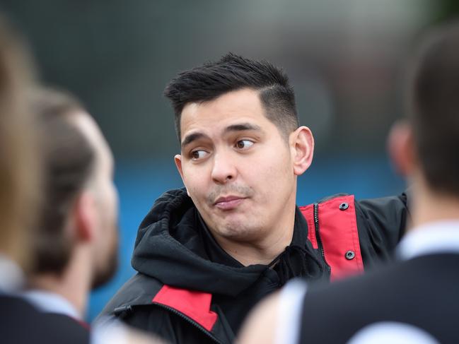 St Kilda City coach Matty Hoy makes a point at three-quarter time. Picture: Steve Tanner