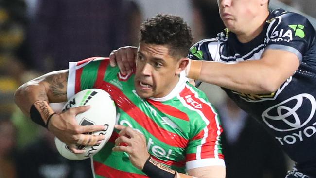 Dane Gagai of the Rabbitohs is tackled by Scott Drinkwater of the Cowboys during the Round 18 NRL match between the North Queensland Cowboys and the South Sydney Rabbitohs at 1300 SMILES Stadium in Townsville, Saturday, July 20, 2019. (AAP Image/Michael Chambers) NO ARCHIVING, EDITORIAL USE ONLY