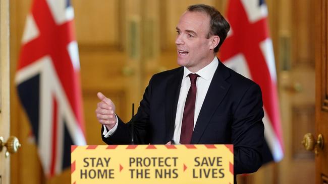 Britain's Foreign Secretary Dominic Raab speaks at a remote press conference. Picture: AFP.