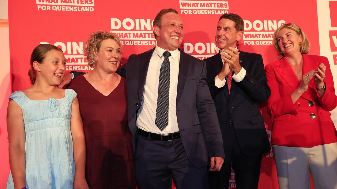 Premier Steven Miles with his wife Kim and daughter Bridie 10, Cameron Dick and Shannon Fentiman as he holds his party launch at the North Lakes Community Centre. Picture: Adam Head