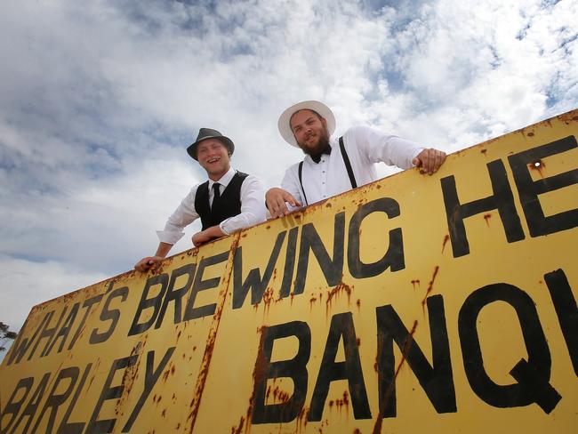 Toby Walter and Mitch Turner both from Horsham pose at the Rupanyup Barley Banquet. Picture: Yuri Kouzmin