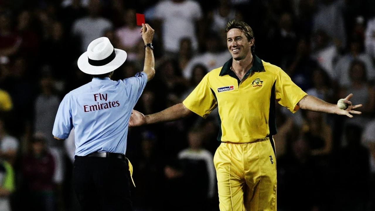 Billy Bowden shows Glenn McGrath a red card at Eden Park in 2005.