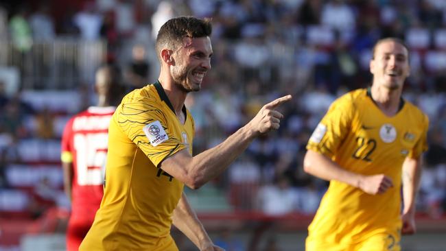 DUBAI, UNITED ARAB EMIRATES - JANUARY 11:  Apostolos Giannou of Australia celebrates after scoring his team's third goal during the AFC Asian Cup Group B match between Palestine and Australia at Rashid Stadium on January 11, 2019 in Dubai, United Arab Emirates. (Photo by Francois Nel/Getty Images)