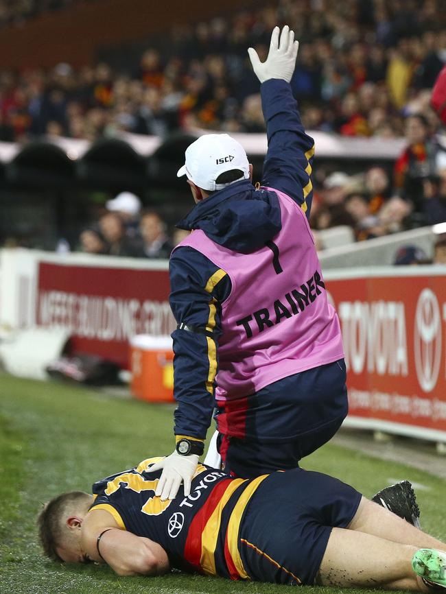 Brodie Smith after going down on Thursday night. Picture: Sarah Reed