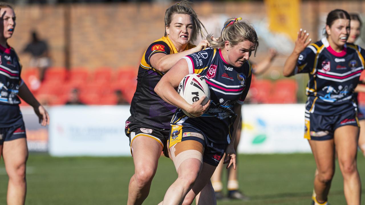 Courtney Jackson of Highfields against Bridie Gray of Gatton in TRL Women grand final rugby league at Toowoomba Sports Ground, Saturday, September 14, 2024. Picture: Kevin Farmer