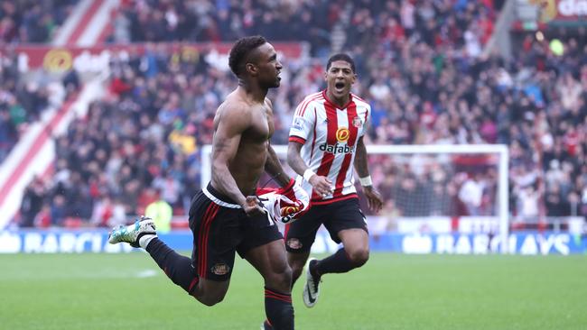 Jermain Defoe of Sunderland celebrates scoring his team's third goal.