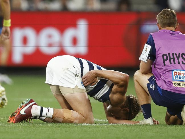 Stanley feels for his ribs. Picture: Daniel Pockett/Getty Images