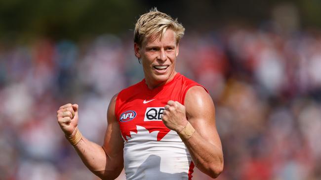 ADELAIDE, AUSTRALIA - APRIL 06: Isaac Heeney of the Swans celebrates a goal during the 2024 AFL Round 04 match between the West Coast Eagles and the Sydney Swans at Adelaide Hills - Mt Barker on April 06, 2024 in Adelaide, Australia. (Photo by Dylan Burns/AFL Photos via Getty Images)