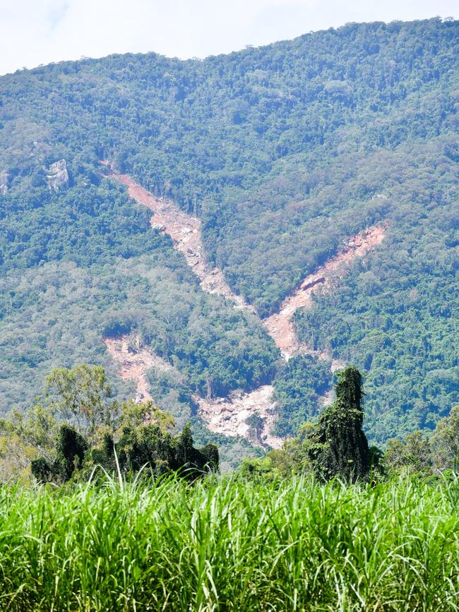 The largest of a number of giant landslides in the Paluma Ranges in Hinchinbrook Shire following the flood disaster. Picture: Cameron Bates