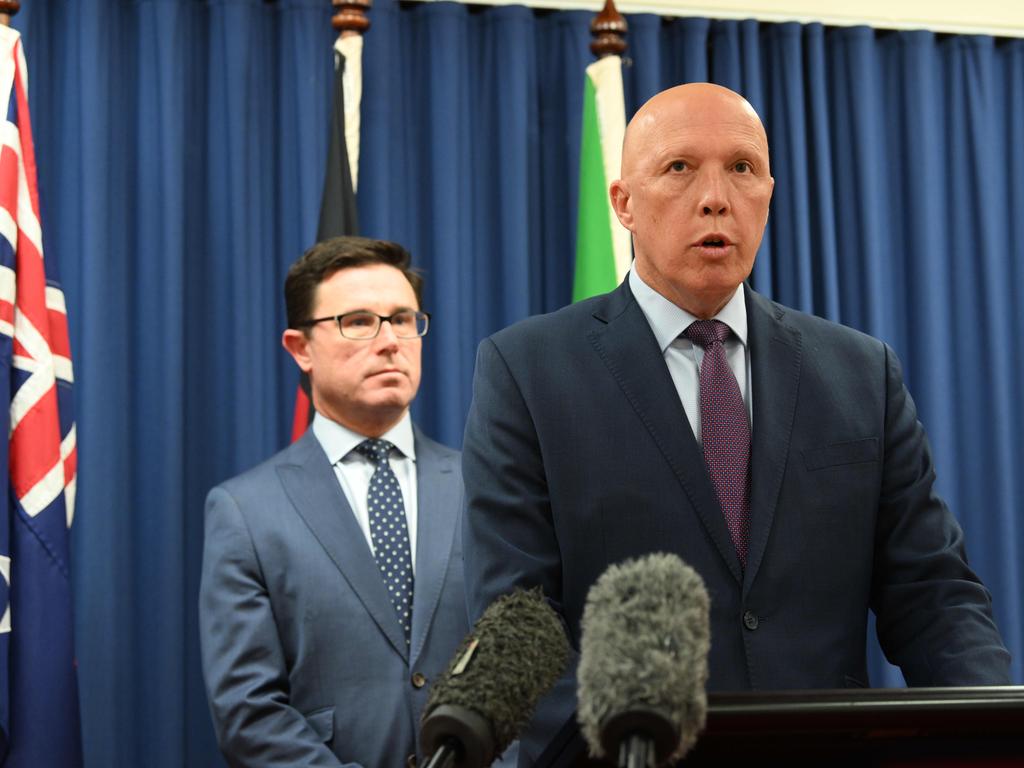 Opposition Leader Peter Dutton has criticised Adam Bandt for the decision to remove the Australian flag from his press conferences. Picture: Lyndon Mechielsen/The Australian