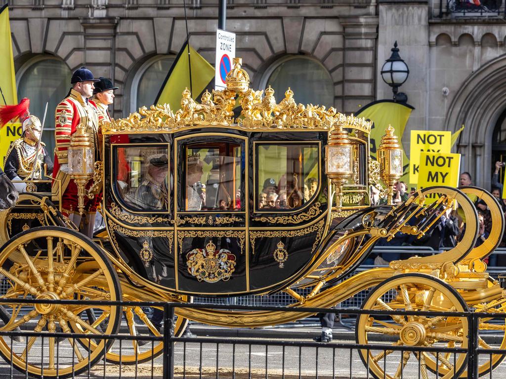 Britain's King Charles III and Britain's Queen Camilla travel in the Diamond Jubilee State Coach designed by Jim Frecklington, on November 7, 2023. Picture: Henry Nicolls/AFP