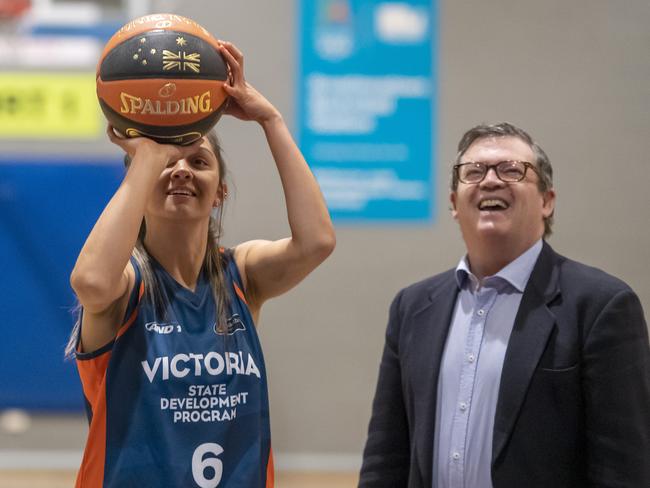 Casey Valenti-Paea and Broadmeadows MP Frank McGuire at Broadmeadows Basketball Stadium. Picture: Andy Brownbill