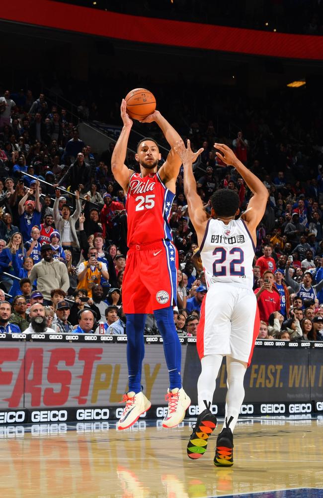 Ben Simmons made worldwide headlines when he hit a three-pointer in a pre-season game against Guangzhou Long Lions. Picture: NBAE/Getty Images