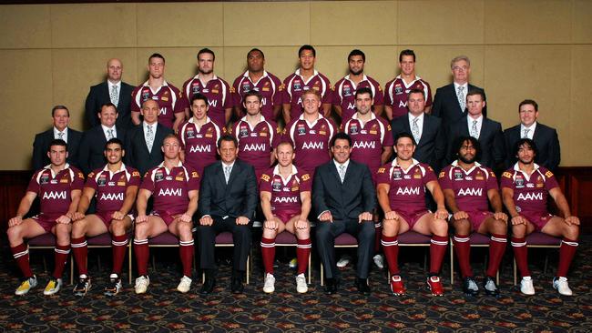 Kevin Walters (second from left, second row) and Israel Folau (middle, back row) during the team shot for the Maroons in 2008. Picture: ImageTec