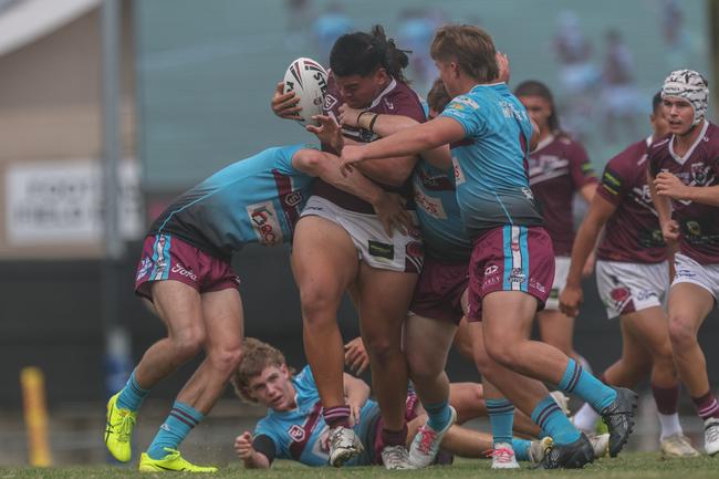 Tyrell Schwenke takes no prisoners in the 2025 Connell Cup grand final between the Bears and Cutters, played at Langlands Park on Saturday, April 12, 2025. Picture: Stephen Archer.