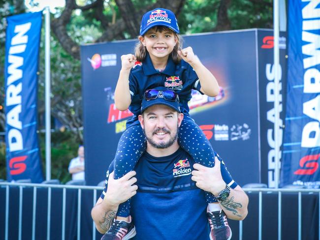 Aaron Southern and his daughter Summer at Driver/Rider Supercars signing at the Darwin Waterfront. Picture: Glenn Campbell