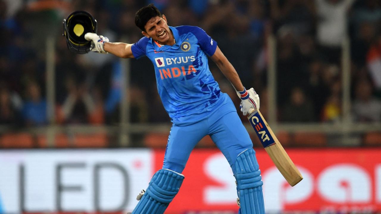 India's Shubman Gill celebrates after scoring a century during the third Twenty20 international cricket match between India and New Zealand at the Narendra Modi stadium in Ahmedabad on February 1, 2023. (Photo by Punit PARANJPE / AFP)